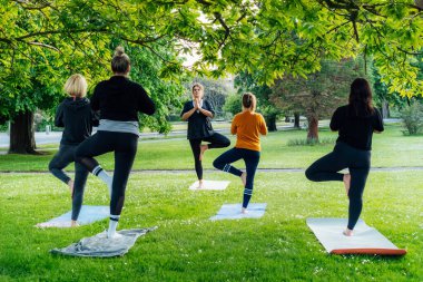 Park 'ta kadın yoga dersi. Kadınlar bir bacakları üzerinde dengede duruyorlar. Sonra da Namaste 'de ellerini indiriyorlar. Eğitmenle birlikte egzersiz yapmak. Sağlık, refah ve ruh sağlığı için spor faaliyetleri