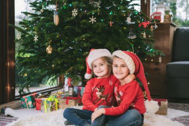 Noel 'de Noel ağacının altında Noel Baba şapkası ve şen süveter giyen iki gülümseyen çocuk tatilde evlerinde oturuyor. Mutlu kız kardeş kucaklaşması, heyecanlı hissetmek, eğlenmek, çocukluk mucizesi konsepti.
