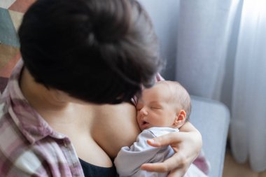 Yeni doğan bebek evde sıcak bir anne kucağında emzirdikten sonra huzur içinde uyuyor. Emziren ve kucaklayan bir anne yok. Emzirme bebek konsepti. Bebek uyumadan önce süt yiyor.