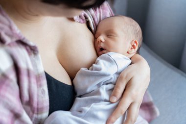 Yeni doğan bebek evde sıcak bir anne kucağında emzirdikten sonra huzur içinde uyuyor. Emziren ve kucaklayan bir anne yok. Emzirme bebek konsepti. Bebek uyumadan önce süt yiyor.