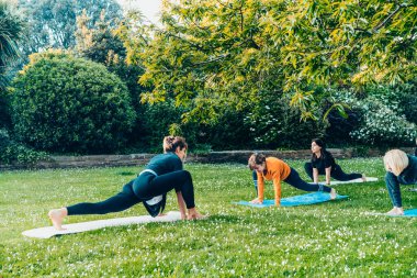 Park 'ta kadın yoga dersi. Bir grup farklı kadın esneme pozu veriyor yeşil çimlerin üzerinde eğitmenle birlikte egzersiz yapıyorlar. Sağlık, refah ve akıl sağlığı için spor faaliyetleri. Seçici odak.