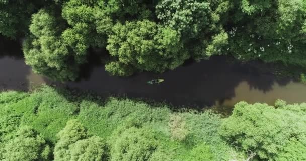 在河上拉风 从高处俯瞰独木舟 探险队在森林地区的河流上漂浮 — 图库视频影像