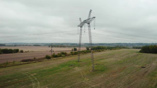 Energiebronnen Industriële Visie Elektriciteitsleiding Elektrische Transmissielijn Het Veld Stalen Torens — Stockvideo