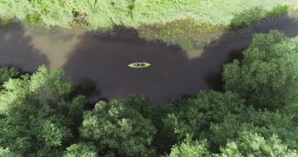 绿色星球 从高处俯瞰独木舟 探险者在森林地区的河流上漂浮 — 图库视频影像