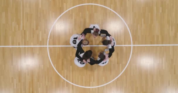バスケットボール選手のグループは ハンドレースに立って叫び ゲームの前に士気を高め 国際女性バスケットボール選手権 高さからの眺め — ストック動画