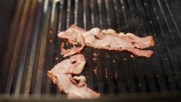Burger Ingredienser Processen För Matlagning Skivor Bacon Stekt Grillen Matfestival — Stockvideo