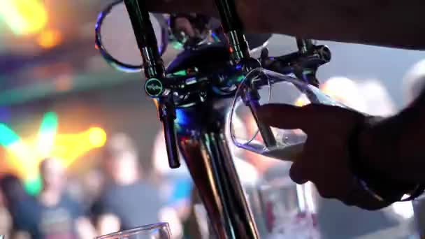 アルコール飲料 バーテンダーは ガラス ナイトクラブパーティー 多色光にビールを飲む — ストック動画