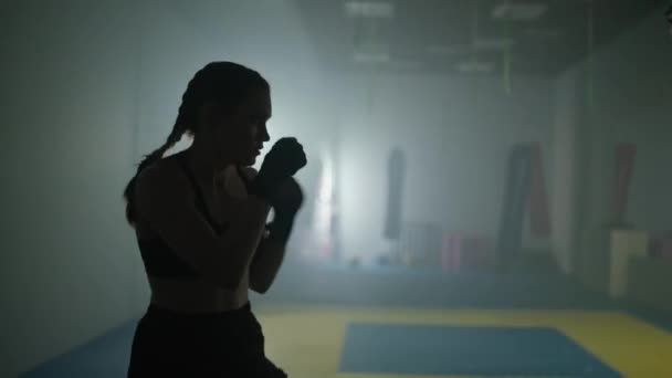 女权主义者 女战士在拳击馆训练他的拳打脚踢 等高线照明 年轻女子快速击球 动机强烈 — 图库视频影像