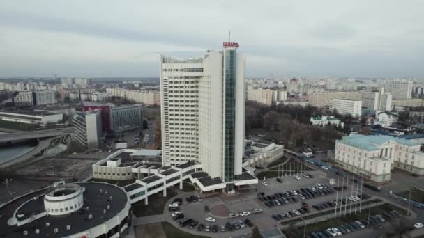 Belarus Minsk November 2021 Aerial View Hotel Building Downtown View — Stock Video