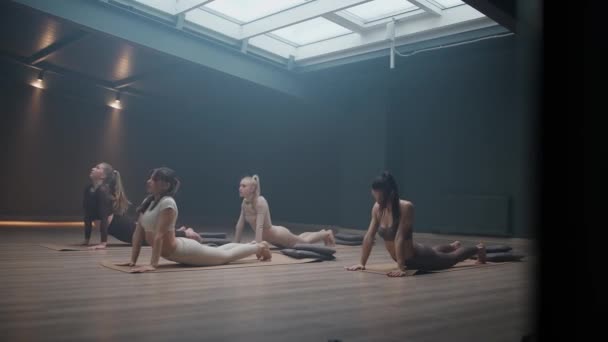 一组女性在黑暗的房间里做瑜伽 柔韧的女性表演着优美的伸展动作 带着瑜伽元素 电影化了 — 图库视频影像