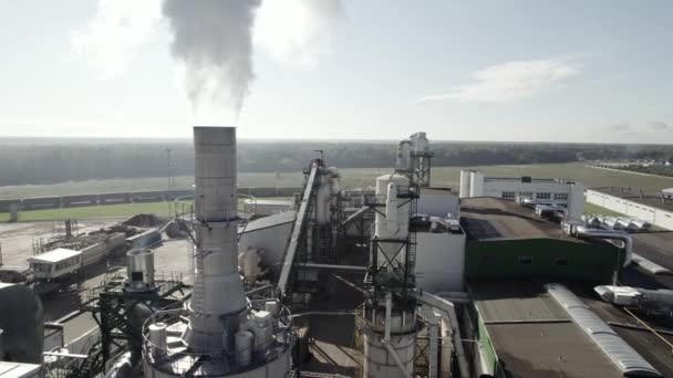 Industrielandschaft Große Holzverarbeitungsfabrik Blick Auf Stahlrohre Und Tanks Aus Der — Stockvideo