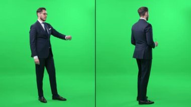 Karakter, yeşil arka planda takım elbiseli, üst düzey kızgın, bölünmüş ekran videosu, kromatondaki şablon, toplantı..