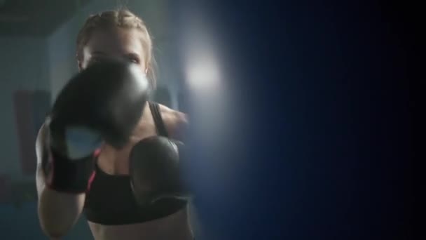 Woman Power Female Fighter Train His Punches Beats Punching Bag — Stock Video