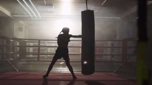 Kickboxen Kämpferin Trainiert Seine Schläge Schlägt Einen Boxsack Trainingstag Der — Stockvideo