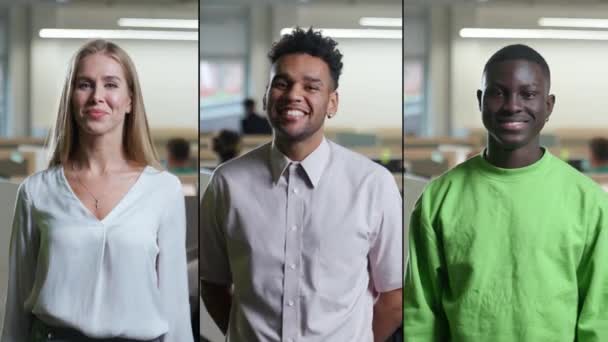 Разделенный Экран Портреты Офисных Работников Разных Рас Полов Фоне Международного — стоковое видео