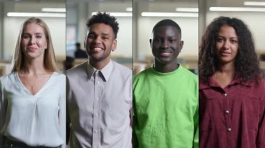 Bölünmüş ekran, farklı ırktan ve cinsiyetlerden ofis çalışanlarının portreleri uluslararası ofis alanının arka planına karşı, yöneticiler kameraya bakıyor ve gülümsüyor, çoklu ekran.