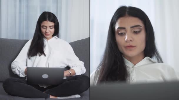 スプリットスクリーン 女性のフリーランサーはソファに座って ラップトップで作業しています キーボード上のテキストをタイプ 夕方時間 自宅からリモートワーク — ストック動画
