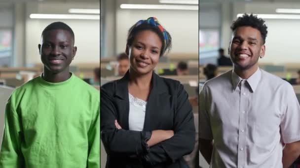 Разделенный Экран Портреты Темнокожих Офисных Работников Фоне Международного Офисного Пространства — стоковое видео