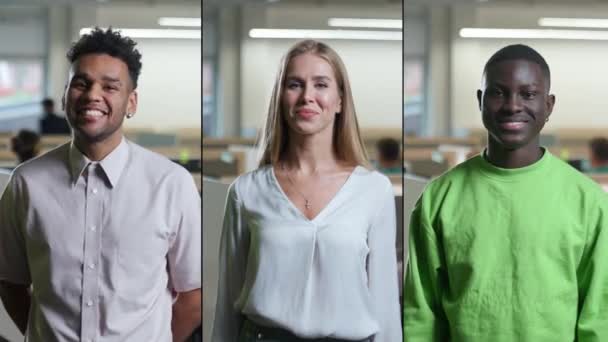 Gesplitst Scherm Portretten Van Een Kantoormedewerker Verschillende Rassen Geslachten Tegen — Stockvideo