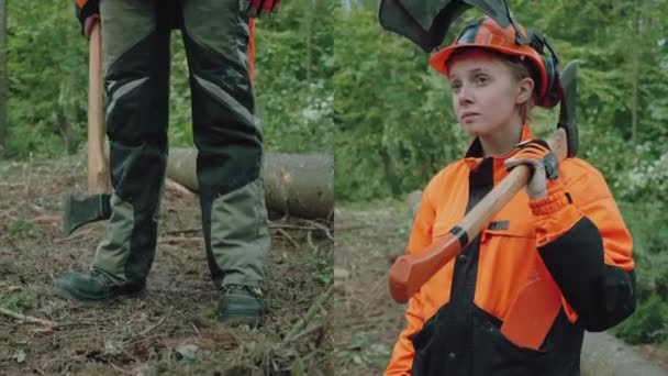 学院录像中 女伐木工人站在森林里 身穿防护服的年轻专业妇女手里拿着斧头 在森林里干活 屏风劈开 — 图库视频影像