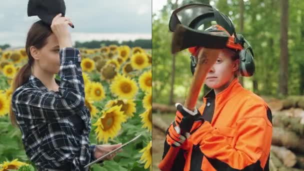 学院视频 女性生态工作者背景下的自然 年轻的专业女性肖像画 伐木工和农民 — 图库视频影像