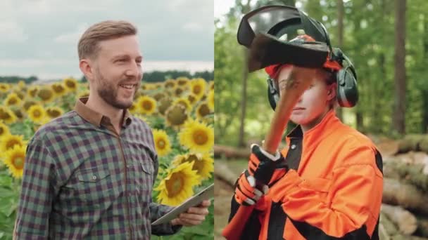 Collage Video Landarbeiders Tegen Achtergrond Van Natuur Jonge Specialisten Portretten — Stockvideo