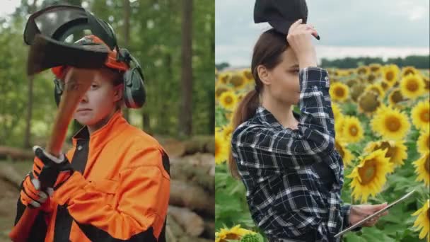Collage Video Kvinnor Ekologi Arbetare Mot Bakgrund Naturen Unga Specialister — Stockvideo