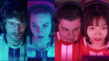 Bölünmüş ekran, kulaklıklı odaklanmış oyuncuların portresi, iki takım oyuncusunun karşılaşması, uluslararası şampiyonada siber sporcular, mavi ve kırmızı neon ışıklı.