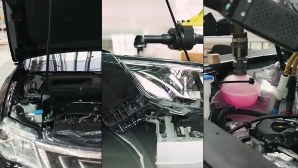 Kollázs Videó Autógyár Munka Motor Telepítése Kilátás Teljesítményegységek Motor Egy — Stock videók