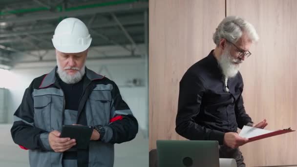 Collage Video Erwachsene Grauhaarige Arbeiter Ingenieure Verwendet Eine Tablette Den — Stockvideo