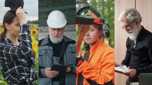 Filmik Kolażowy Portret Osób Różnym Wieku Zawodach Ekolodzy Inżynierowie Pracy — Wideo stockowe