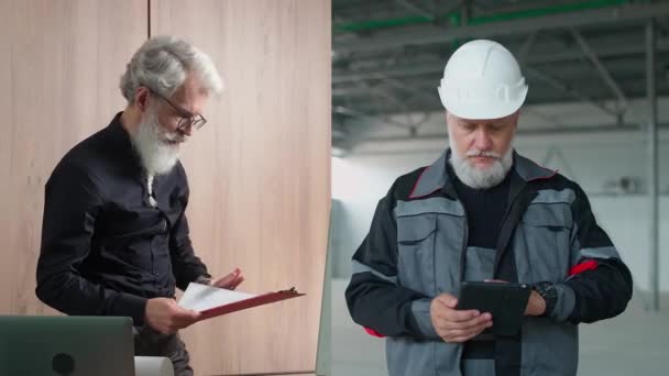 Коллаж Видео Взрослые Седовласые Рабочие Инженеры Используют Планшеты Внутри Рабочих — стоковое видео