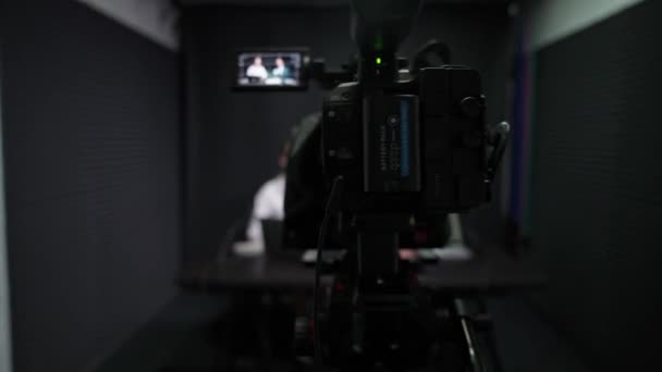 Camera Backstage View News Anchors Work Woman Man Journalists Communicate — Stock Video