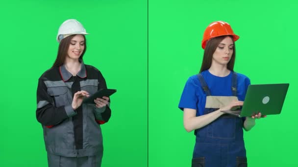 Collage Vidéo Travailleuse Concentrée Dans Uniforme Casque Protection Ingénieur Technique — Video