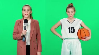 Genç kadın oyuncu bir basketbol oyuncusu ve TV muhabiri rolünde bir video kolajı, bölünmüş ekran.