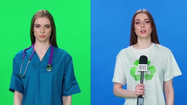 Mujer Alegre Actor Posa Diferentes Papeles Médico Eco Activista Reportero — Vídeos de Stock