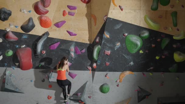 登山の壁に登る女性の登山訓練 ロッククライミング 登山訓練 50Fpsを実践する若い女性 — ストック動画