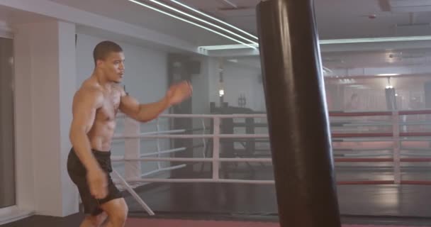 Kickboxing Αθλητικός Μαχητής Εκπαιδεύει Γροθιές Του Κτυπά Ένα Σάκο Του — Αρχείο Βίντεο