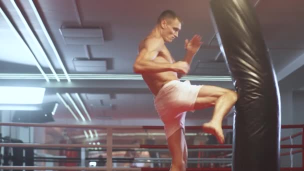 Kickboxing Αθλητικός Μαχητής Εκπαιδεύει Γροθιές Του Κτυπά Ένα Σάκο Του — Αρχείο Βίντεο