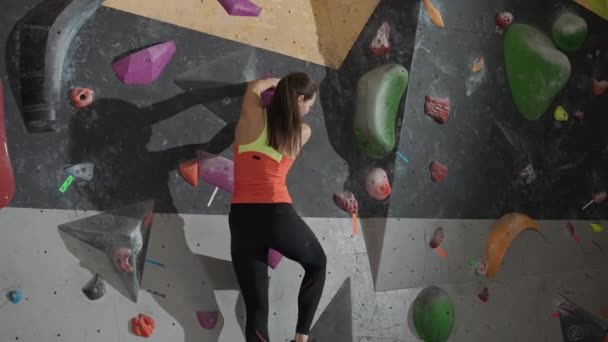 登山壁での女性の登山訓練 ロッククライミング 登山訓練 登山訓練を実践する若い女性 — ストック動画