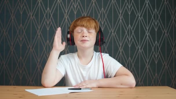 ビデオコール リビングルームの職場に座っている赤髪の10代の少年による遠隔オンライン学習と自宅での自己分離で勉強するためにウェブカメラを使用して 少年はノートブックに書き込みます — ストック動画