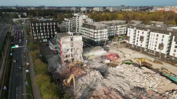 Polonia Wroclaw Abril 2023 Vista Aérea Demolición Edificio Una Zona — Vídeo de stock