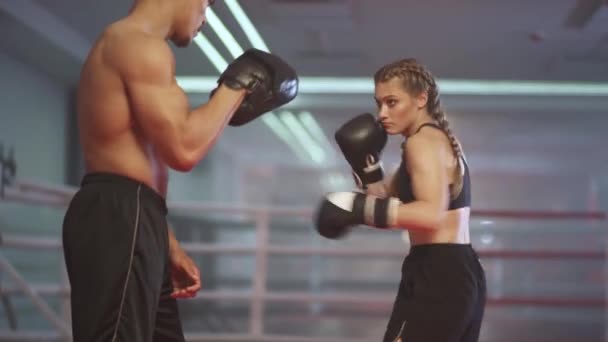 Sesión Cinematográfica Boxeo Ring Mujeres Luchadoras Entrenan Puñetazos Defensa Perforando — Vídeos de Stock