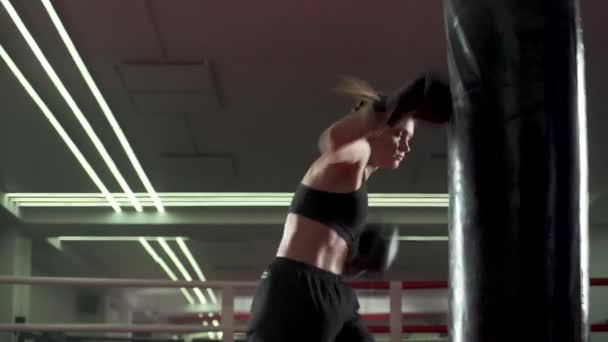 Boxing Female Fighter Trains His Punches Beats Punching Bag Training — Stock Video