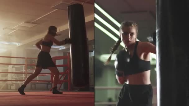 スプリットスクリーン 女性戦闘機は彼のパンチを訓練 パンチバッグを打つ ボクシングジムでトレーニング日 強度フィットボディ 少女は速くストライキ ビデオコラージュ — ストック動画