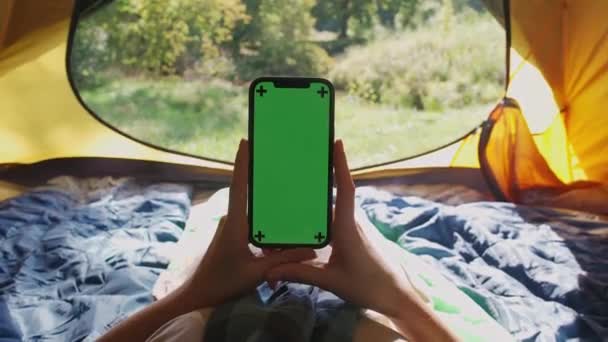 Handheld First Person View Woman Using Smartphone While Lying Tent — Stock Video