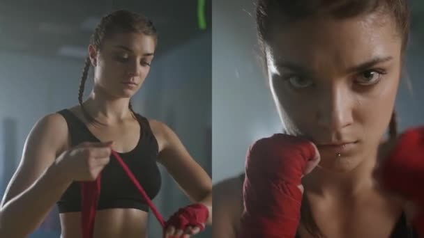 Mulher Lutadora Envolve Suas Mãos Com Bandagens Boxe Dia Treinamento — Vídeo de Stock