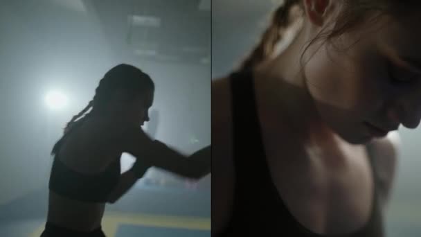 Mulher Lutadora Treina Seus Socos Defesa Ginásio Boxe Tela Dividida — Vídeo de Stock