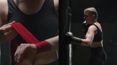 Kadın dövüşçü ellerini boks bandajlarıyla sarar, spor salonunda kickboks antrenmanı yapar, video kolajı yapar, kadın yumruklarını eğitir, kum torbasını döver, ekranı dağıtır..