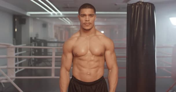 跆拳道 运动健将在拳击馆训练 一个肌肉发达的男子站在拳击台前看着镜头 — 图库视频影像